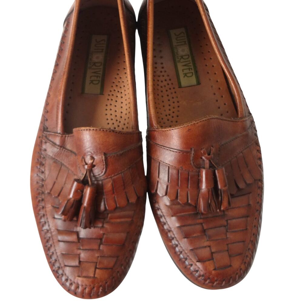Vintage Sun River Brown Braided Woven Leather Tassel Kiltie Dress Loafer Mens 8